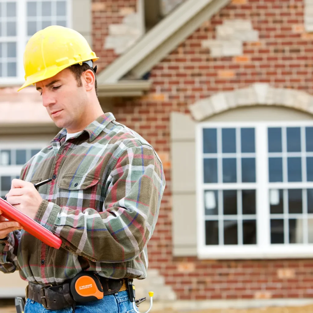 A construction worker in a yellow hard hat writing on a clipboard outside a brick house